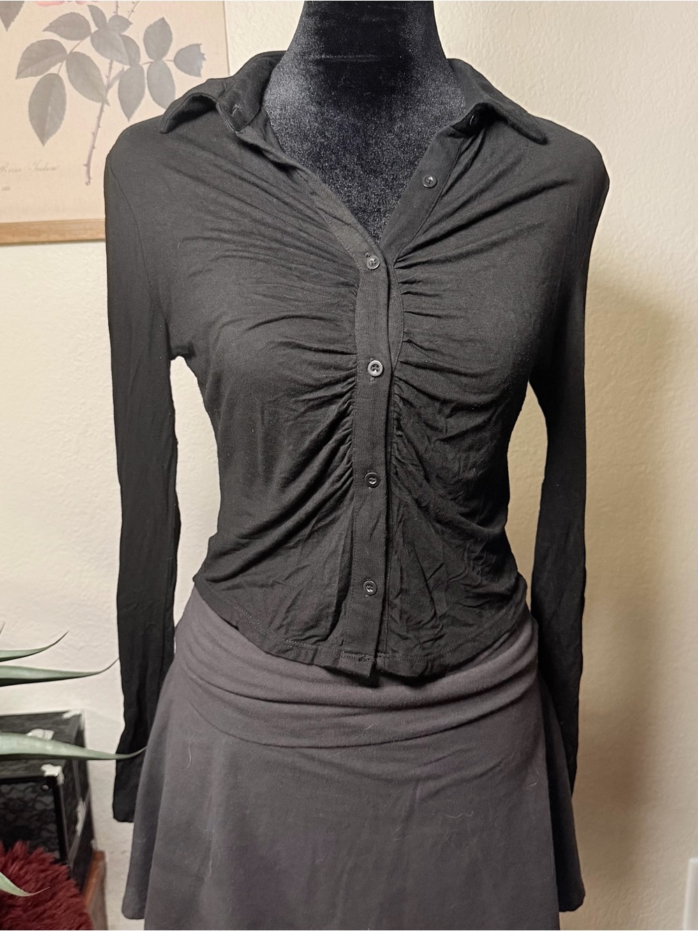 Black Ruched Button-Front Long Sleeve Top